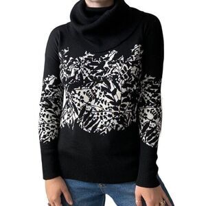 Diane Von Furstenberg Black White Floral Merino Wool Cowl Neck Sweater Petite M